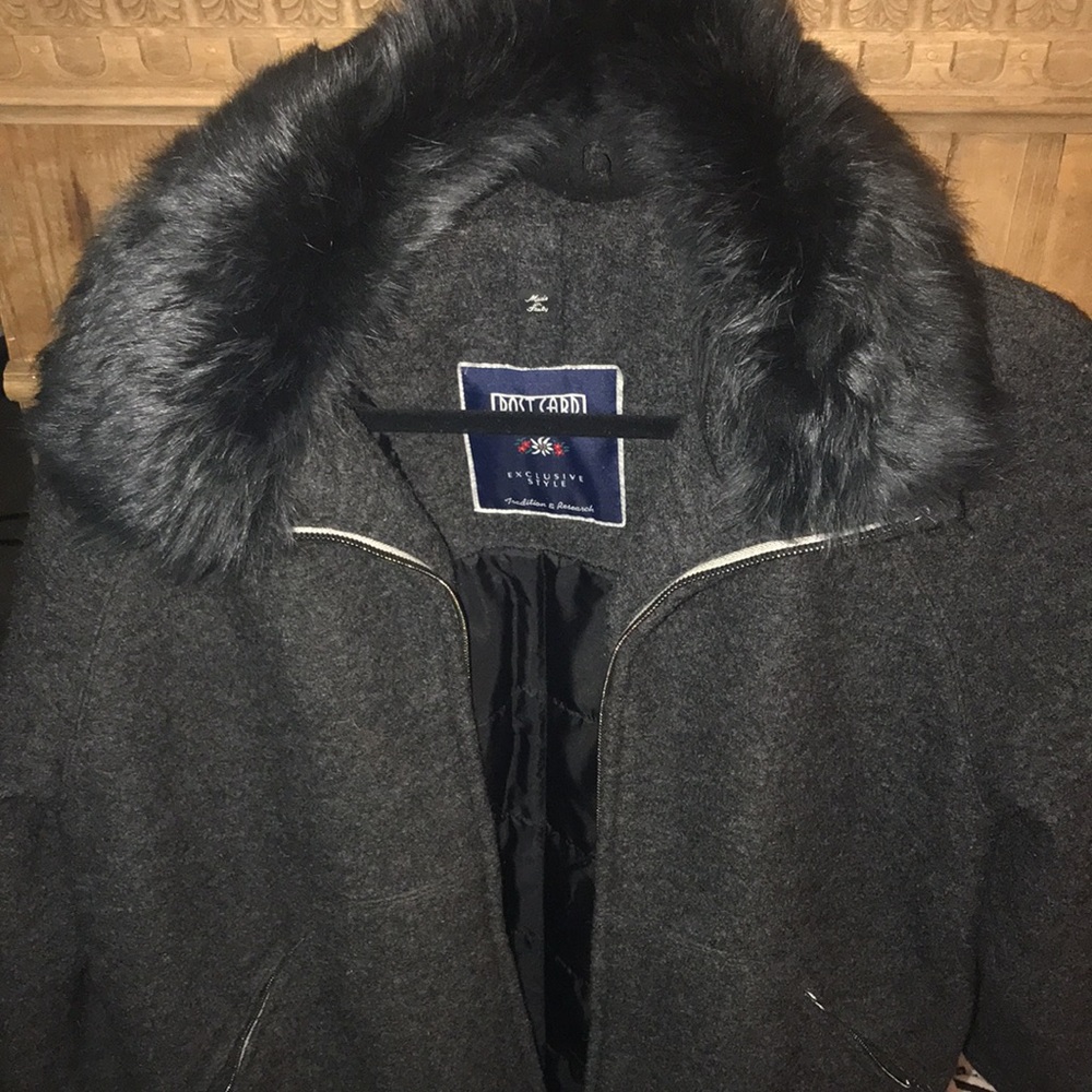 Source Unknown Dark Gray Wool Pea Coat with Faux Fur Collar